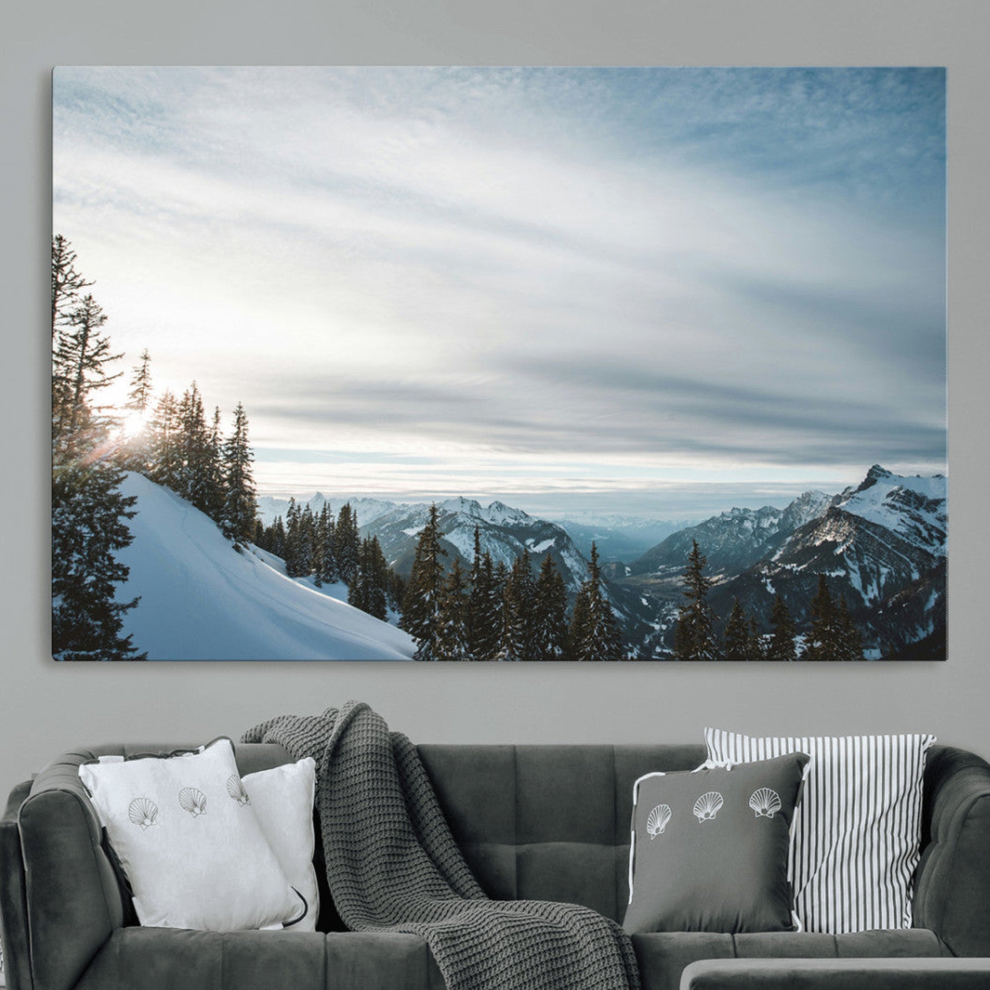 55564749-MGV-CV-36X24-Snowy Mountains Wall Art Canvas Print – Framed Alpine Landscape Frosty Peaks Nordic Minimalist Nature Artwork for Home, Office