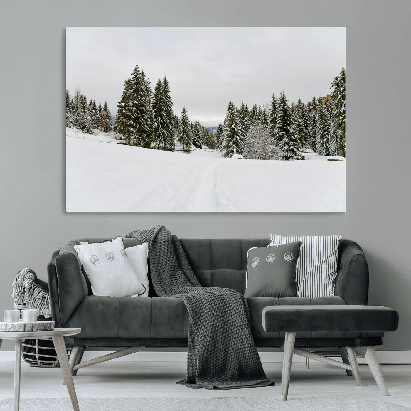MGV-CV-36X24 - Frosty Pines Wall Art Canvas Print, Framed Silent Snowfall Art Picture Print, Cozy Cabin Vibes Perfect Nordic Minimalist Decor Artwork