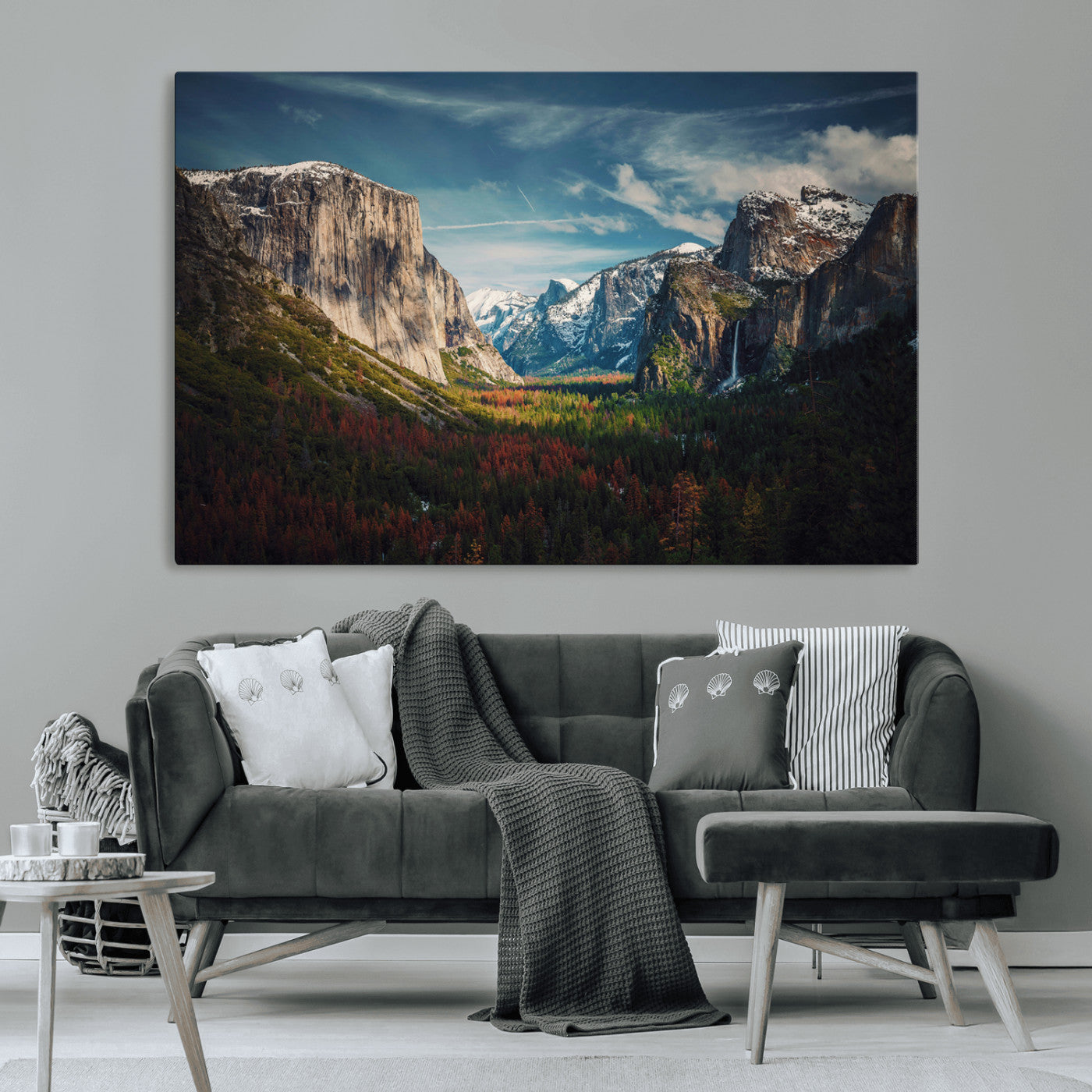 Framed canvas print of Yosemite National Park, featuring El Capitan and a scenic waterfall, ideal for rustic farmhouse or adventure-themed home decor.