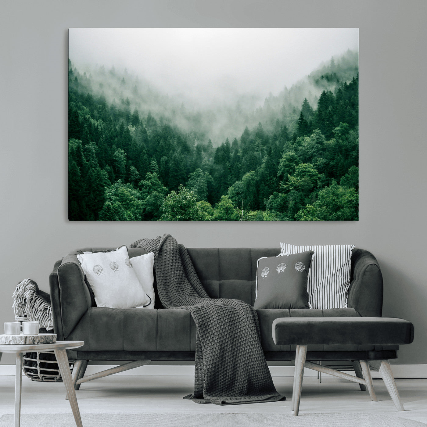 MGV-CV-36X24 - Misty Green Forest Canvas Print – Serene Foggy Pine Landscape Wall Art, Tranquil Nature Decor for