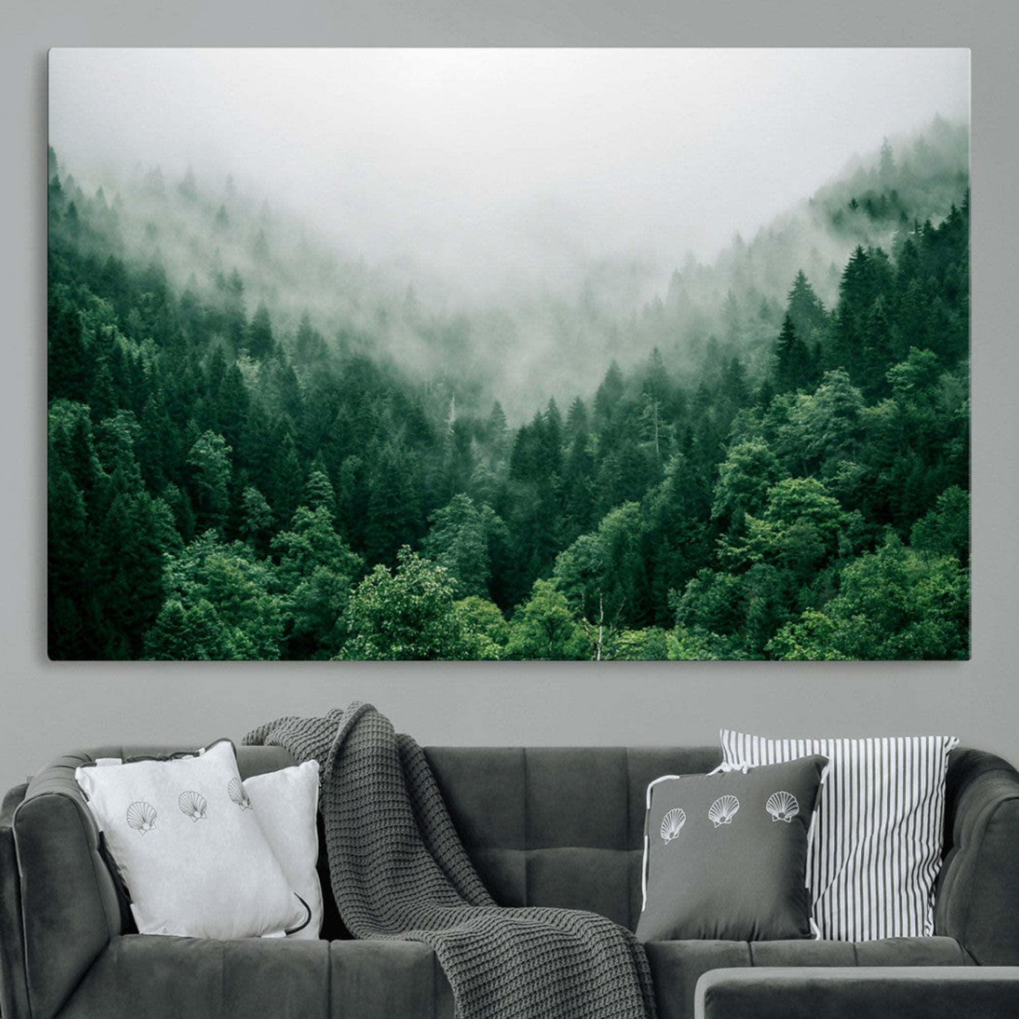 45265379-MGV-CV-36X24-Misty Green Forest Canvas Print – Framed Serene Foggy Pine Landscape Tranquil Nature Wall Art for Home, Office