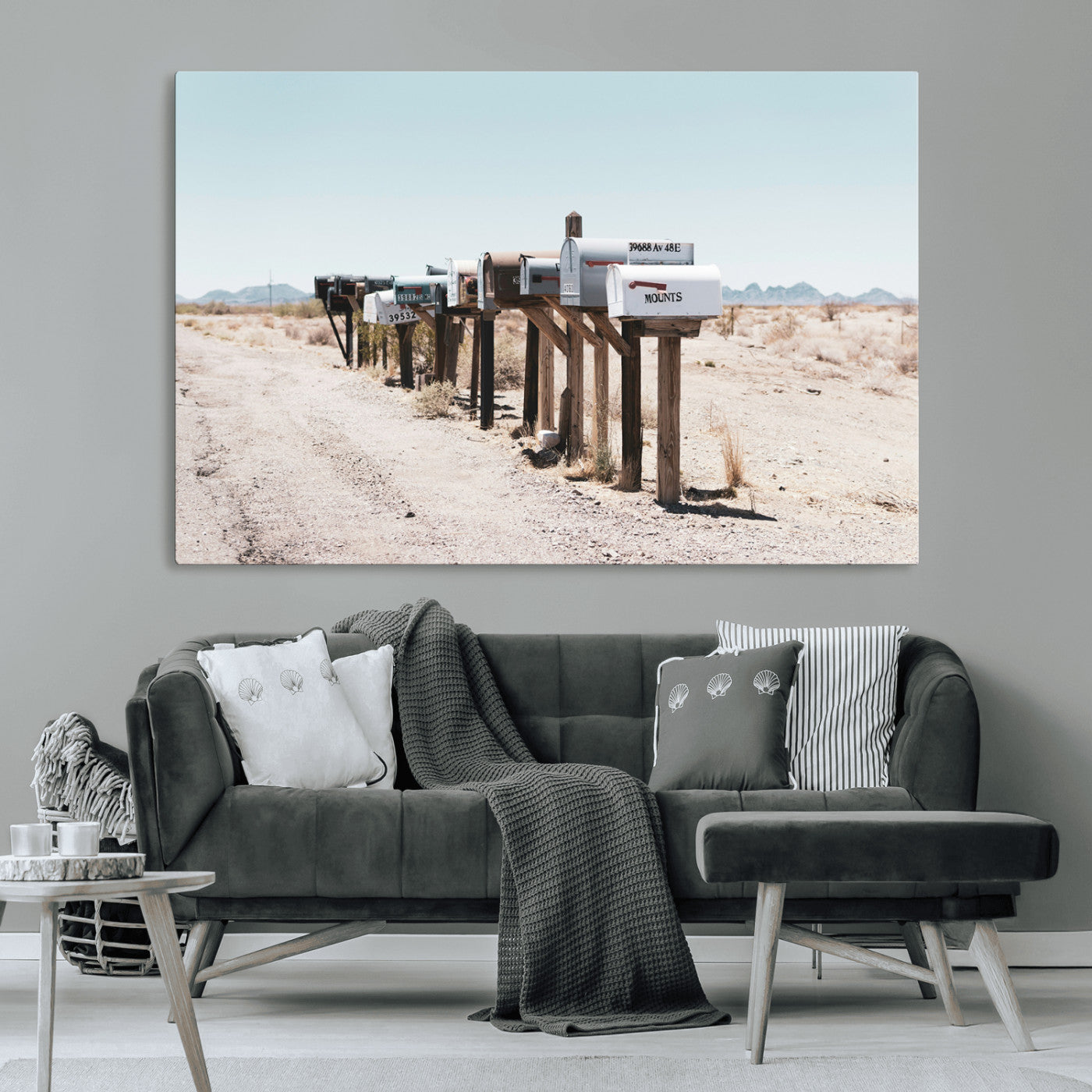 MGV-CV-36X24 - Desert Mailboxes Canvas Print – Minimal Western Landscape Photography, Rustic Americana Wall Art for
