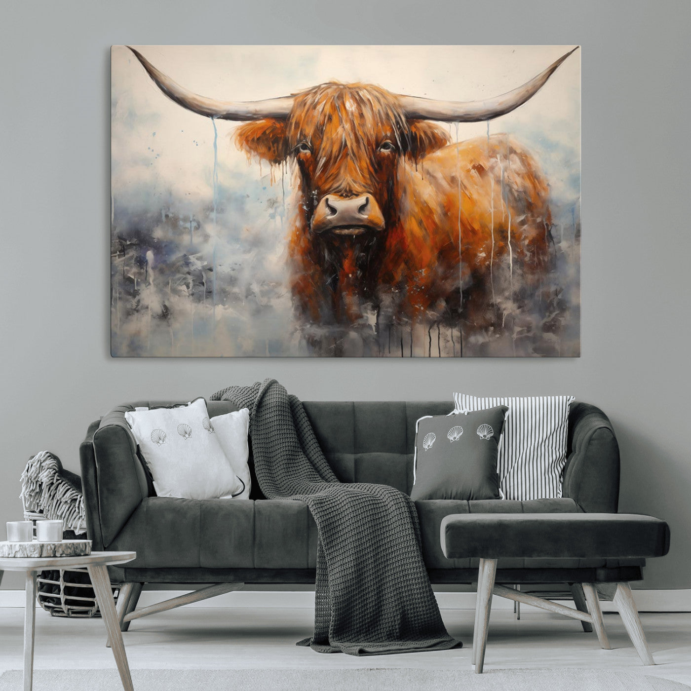MGV-CV-36X24 - Scottish Highland Wall Art Canvas Print, Framed Longhorn Art Picture Print, Western Cow Perfect Farmhouse Decor Artwork