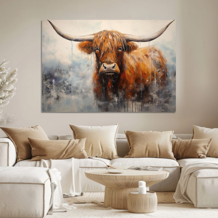 Scottish Highland Wall Art Canvas Print, Framed Longhorn Art Picture Print, Western Cow Perfect Farmhouse Decor Artwork