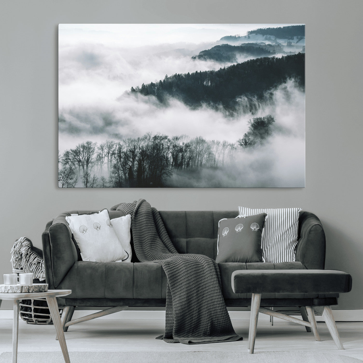 MGV-CV-36X24 - Foggy Forest Landscape Wall Art Canvas Print – Misty Mountain Valley Scene in Monochrome Tones,