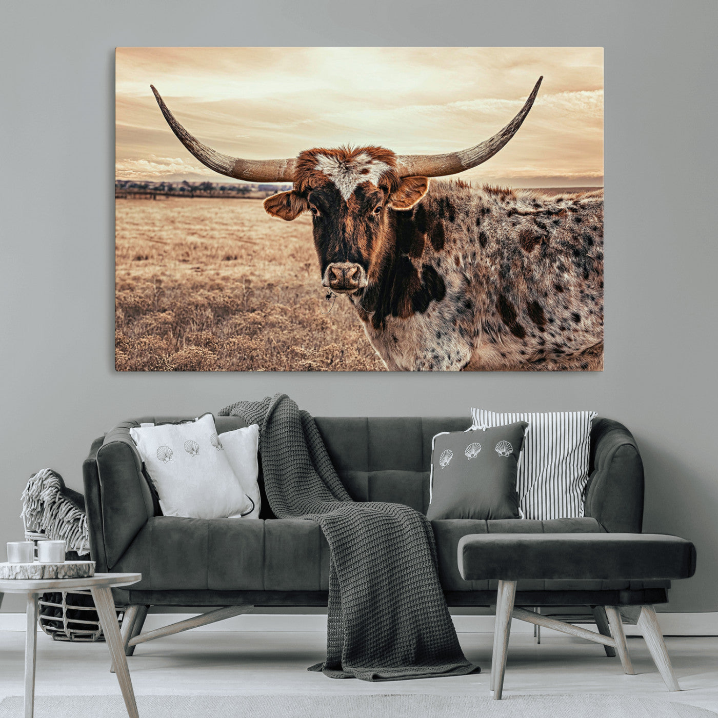 Close-up of a longhorn cow with distinctive curved horns standing in a dry grass field under a cloudy sky.
