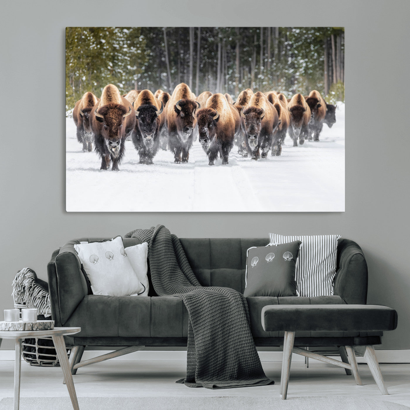 American Bison Herd in Snow Wall Art Canvas Print – Powerful Winter Wildlife Scene with Buffalo in Motion, Perfect for Rustic Lodge or Western Cabin Decor