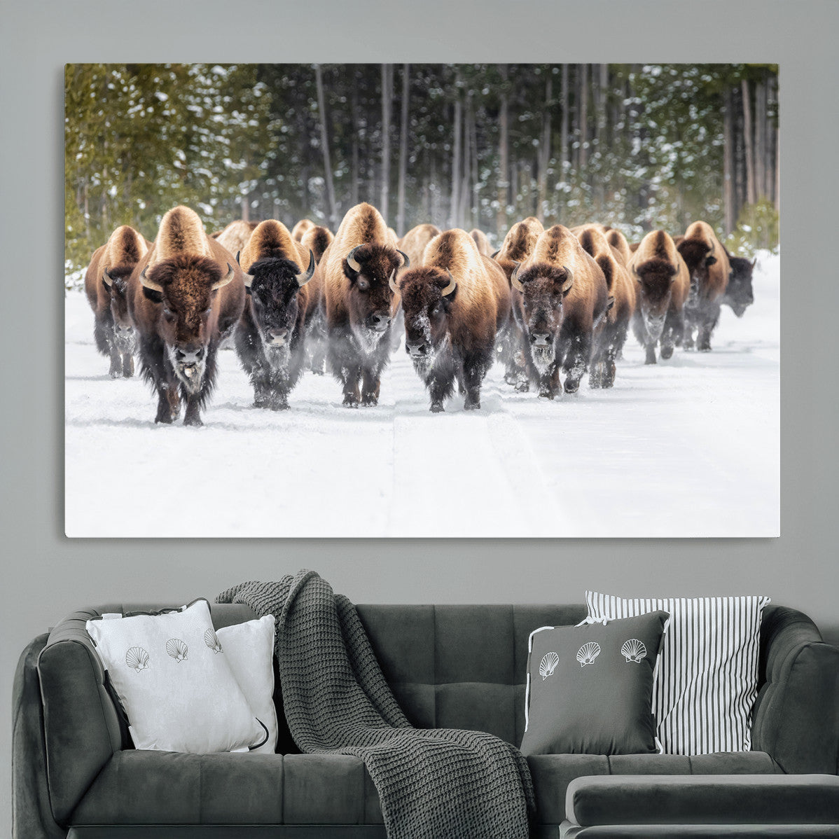 96906195-MGV-CV-36X24 - American Bison Herd Snow Canvas Wall Art – Powerful Winter Wildlife Print of Buffalo Motion, Rustic Lodge or Western Cabin Decor for Living Room, Office