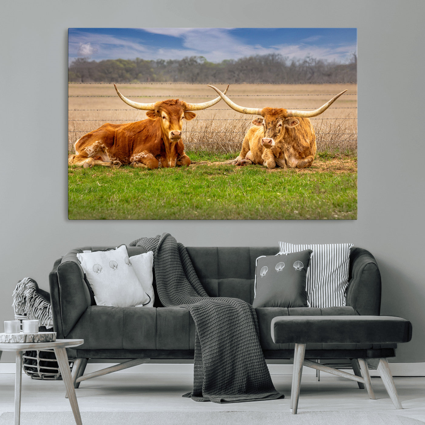 54598515-MGV-CV-36X24-Texas Longhorn Pair Wall Art Canvas Print – Peaceful Rustic Ranch Scene with Two Cattle in Field, Perfect for Western Farmhouse Home Decor