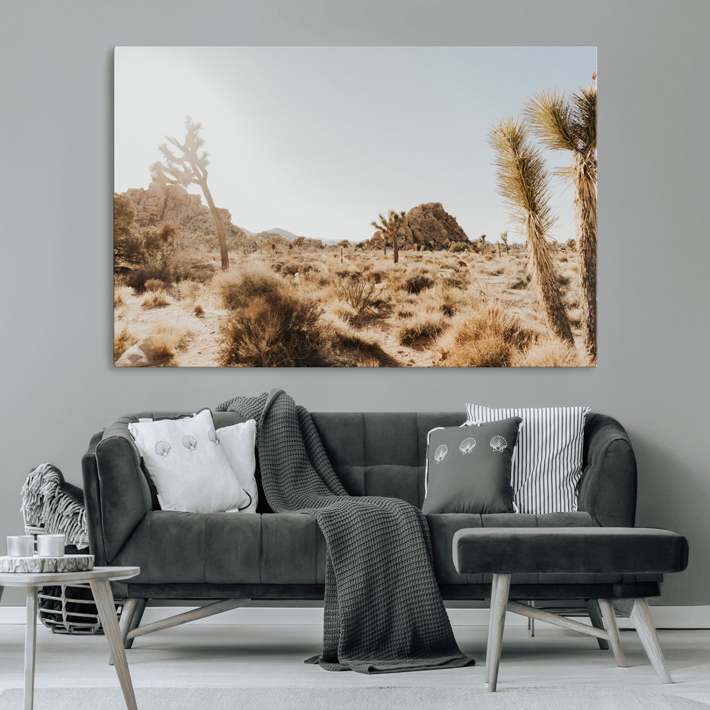 Sunlit desert landscape featuring Joshua trees, rocky formations, and dry bushes under a clear sky.