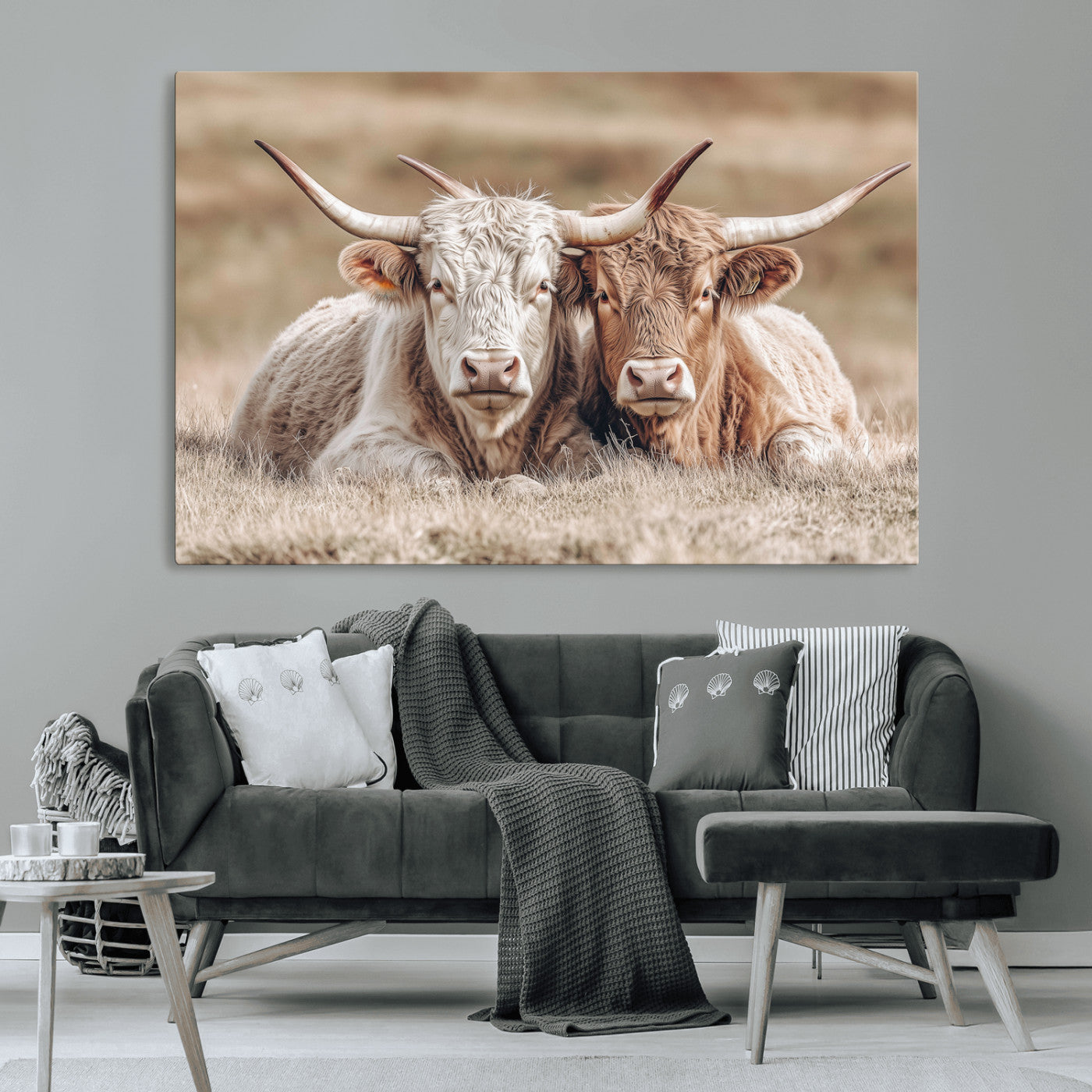 Two Highland cows with long horns lying side by side on a grassy field, featuring soft natural tones and a calm rural setting.