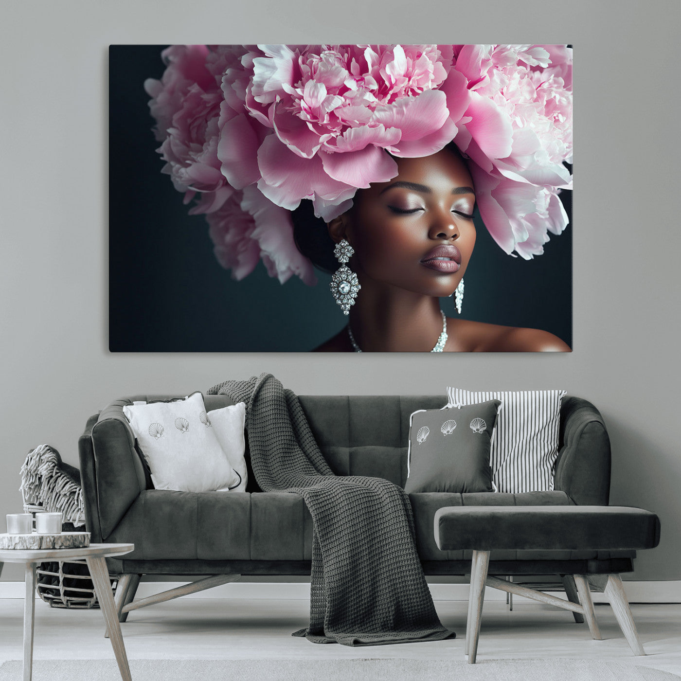 MGV-CV-36X24 - Black Beauty Petal Crown Wall Art Print Floral Petal Headpiece, Petal-Inspired Art, Floral Crown