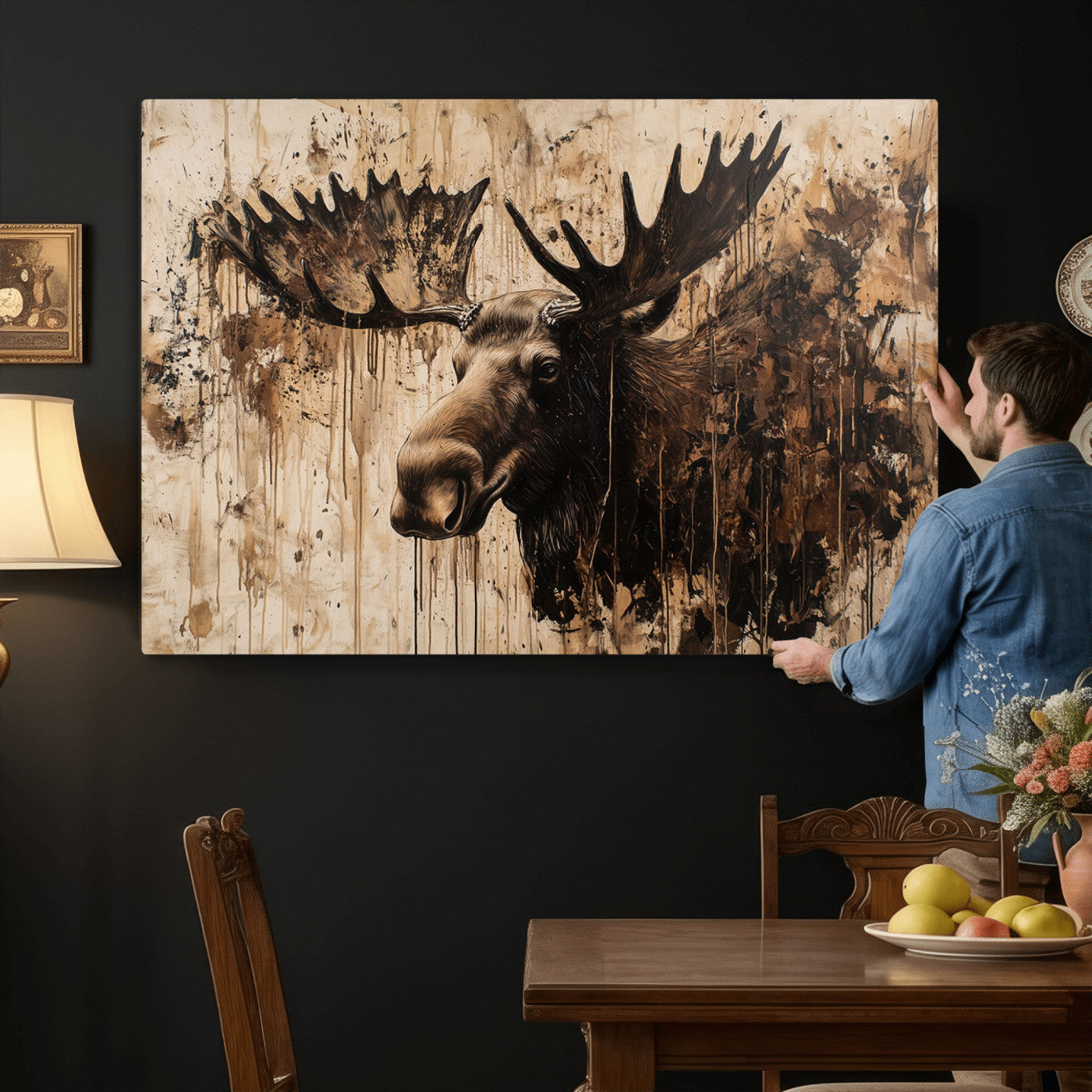 83505059-MGV-CV-36X24 - Moose Canvas Wall Art — Rustic Wildlife Painting Print | Cabin Lodge Decor | Large Animal Wall Art | Moose Gift for Him | Man Cave Art