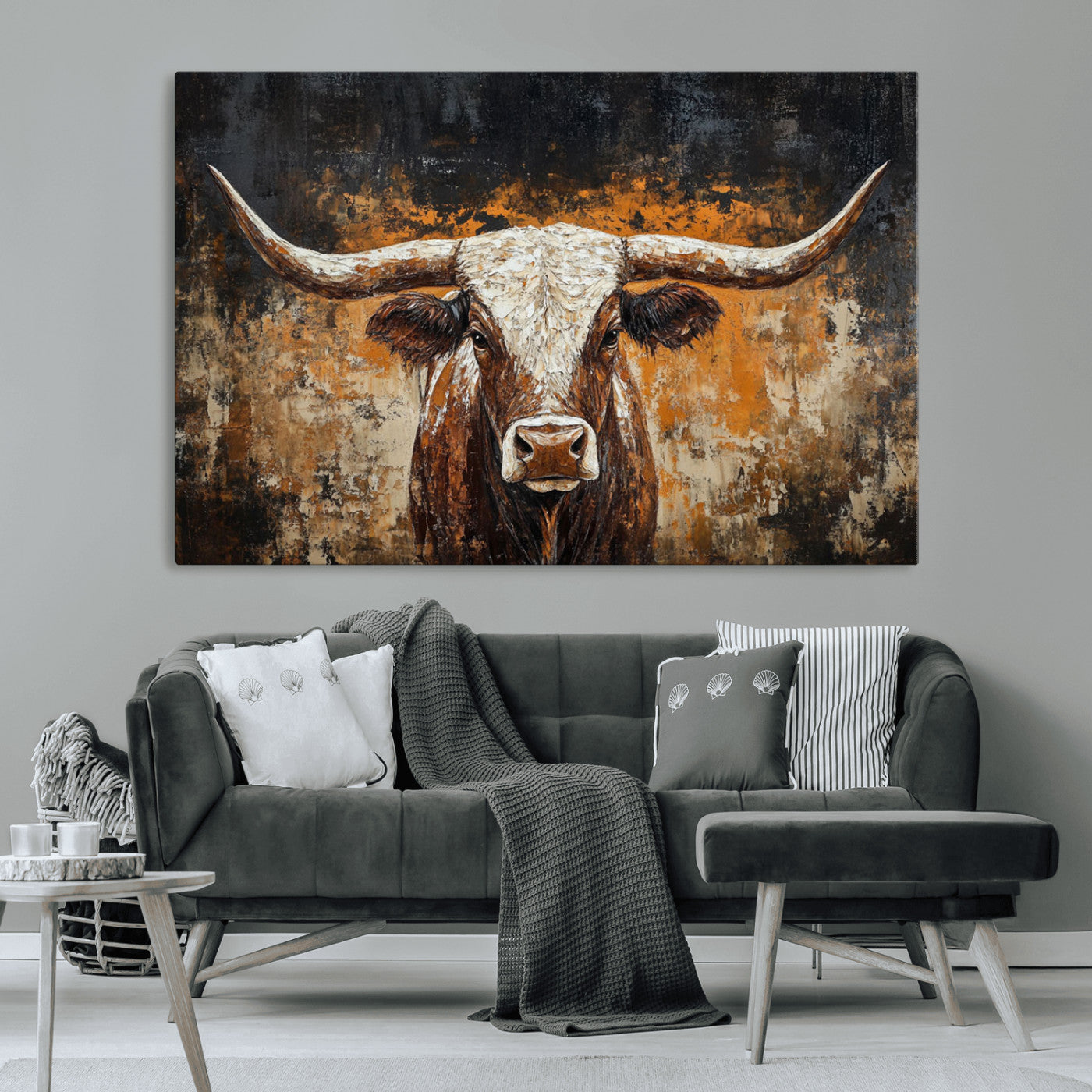 MGV-CV-36X24 - Rustic Longhorn Bull Wall Art Canvas Print – Vintage Western Cattle Painting, Texas Steer Artwork
