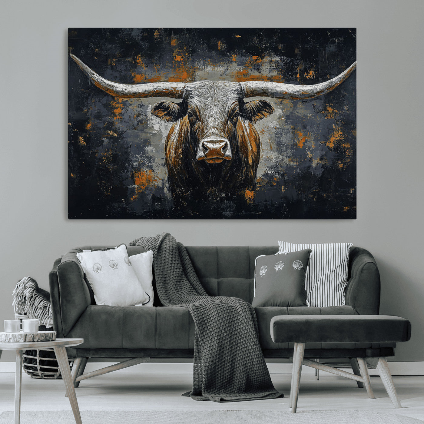 Rustic Longhorn Bull Wall Art Canvas Print – Vintage Western Cattle Painting, Texas Steer Artwork for Ranch, Farmhouse or Cowboy Decor