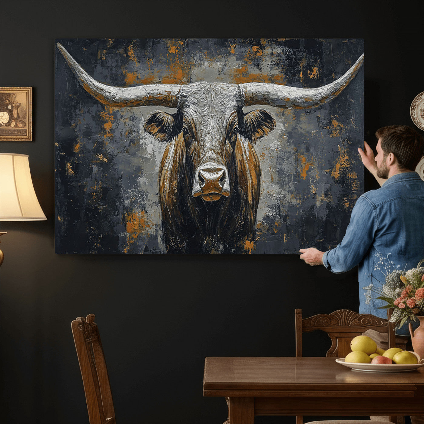 73972561-MGV-CV-36X24 - Bold Bull Wall Art Canvas – Striking Portrait with Wide Horns and Rich Brown Hues, Rustic Farmhouse and Western Decor for Home Room