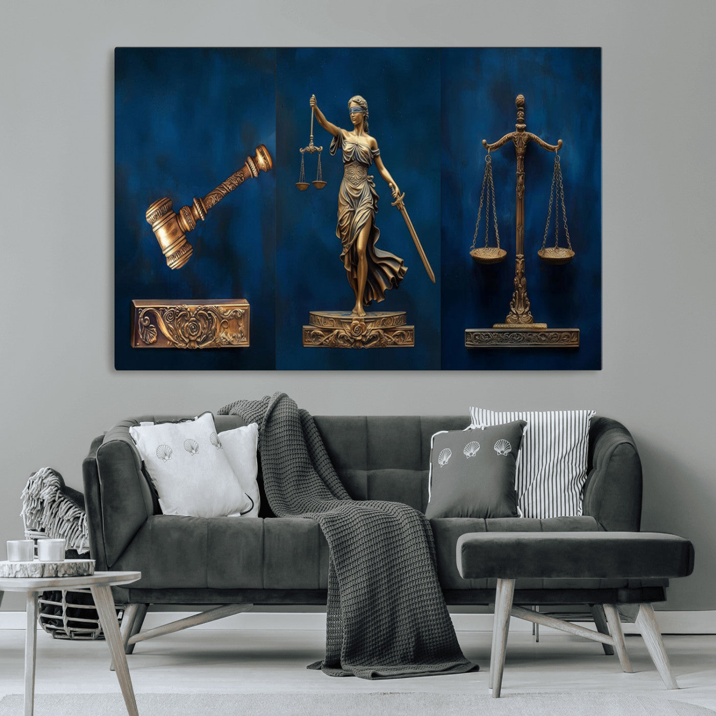 MGV-CV-36X24 - Lady Justice Wall Art Canvas Print – Elegant Gold Legal Symbols on Blue Background, Perfect for Law