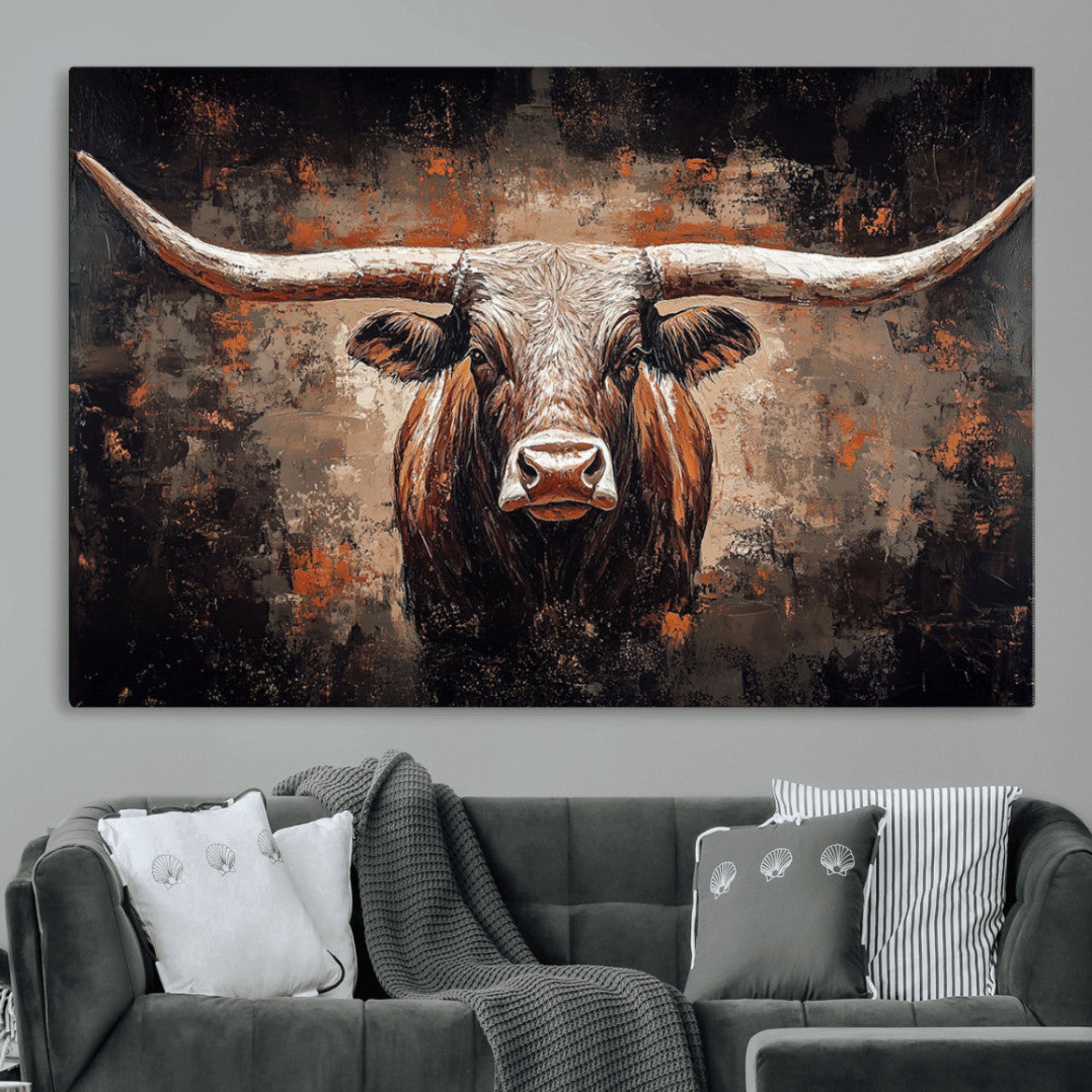 -Rustic Longhorn Bull Wall Art Canvas Print – Vintage Western Cattle Scene, Texas Steer Artwork for Home, Office