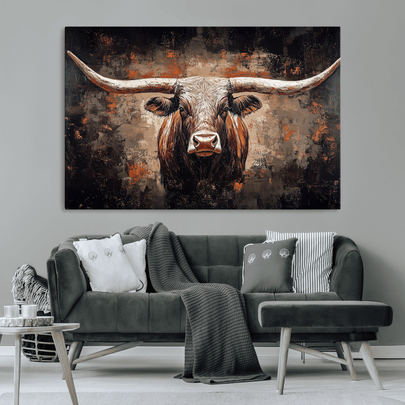 MGV-CV-36X24 - Rustic Longhorn Bull Wall Art Canvas Print – Vintage Western Cattle Painting, Texas Steer Artwork for Ranch, Farmhouse or Cowboy Decor