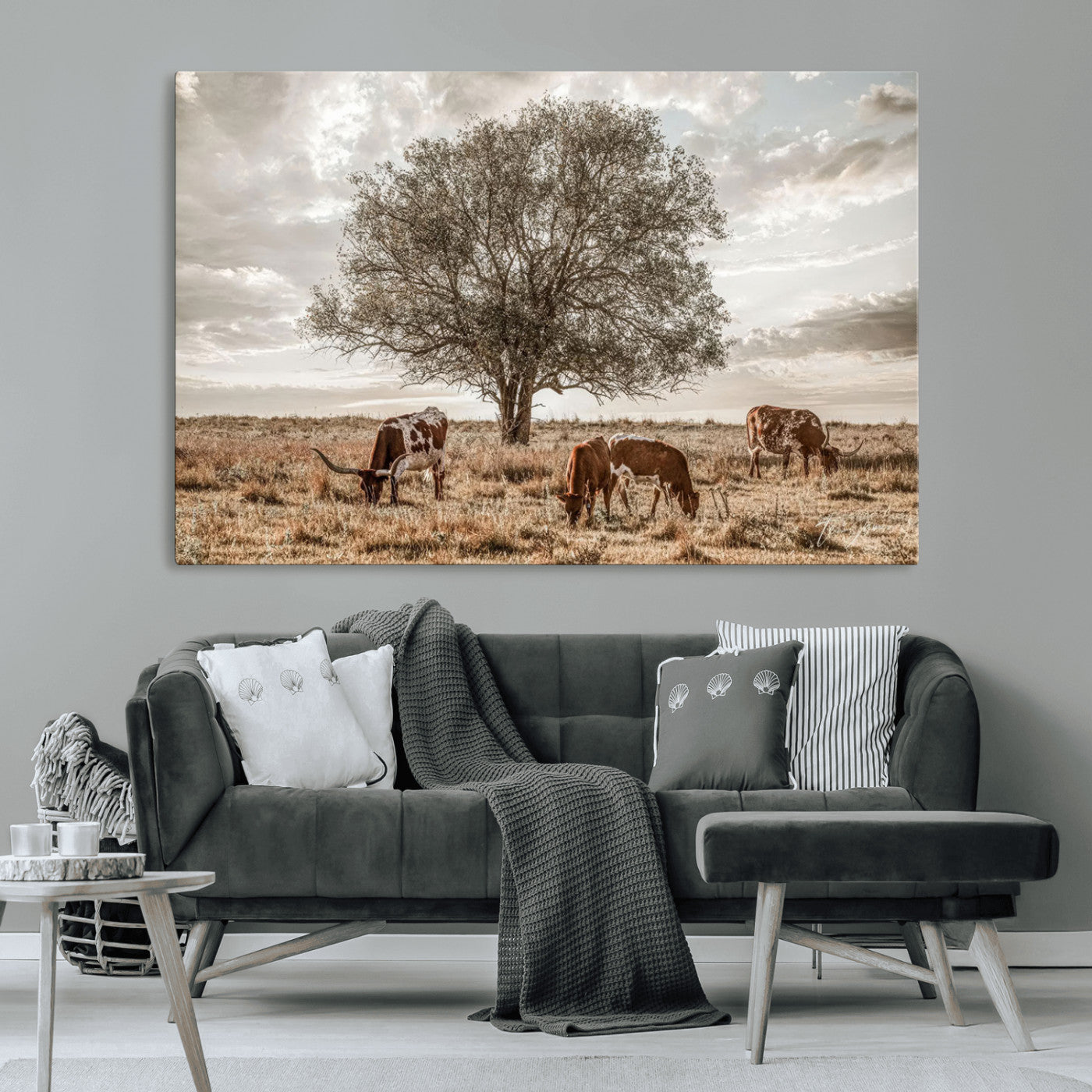 Texas Longhorn Cattle Wall Art Canvas Print – Rustic Western Ranch Scene with Steers at Sunset, Perfect for Farmhouse or Cowboy Decor