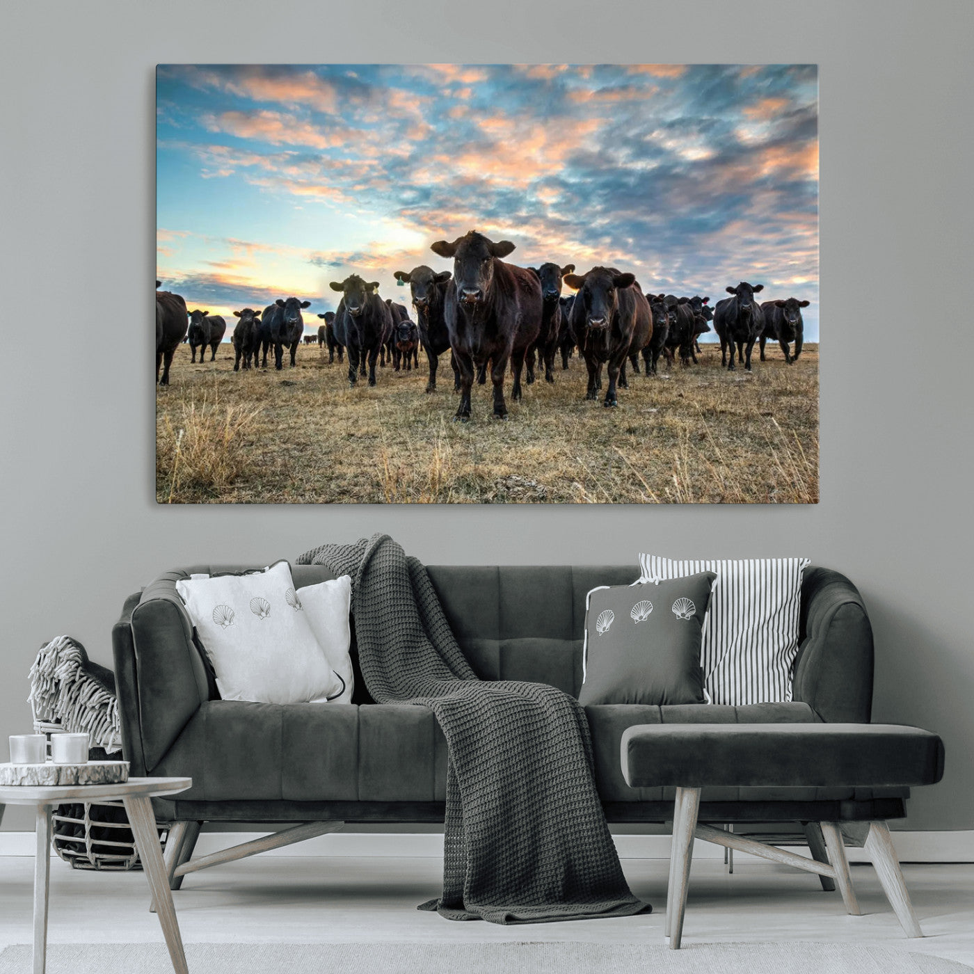13867292-MGV-CV-36X24-Texas Longhorn Cattle Wall Art Canvas Print – Rustic Western Ranch Scene with Steers at Sunset, Perfect for Farmhouse or Cowboy Decor