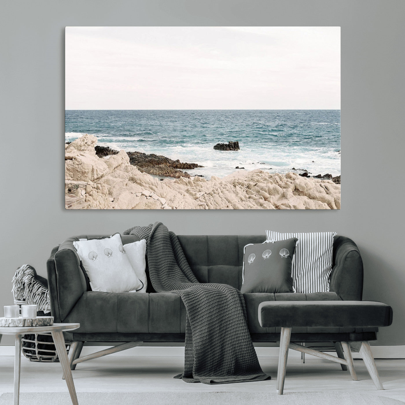 Coastal Ocean View Wall Art Canvas Print – Serene Rocky Shoreline and Blue Sea Photography for Coastal Chic or Minimalist Home Decor