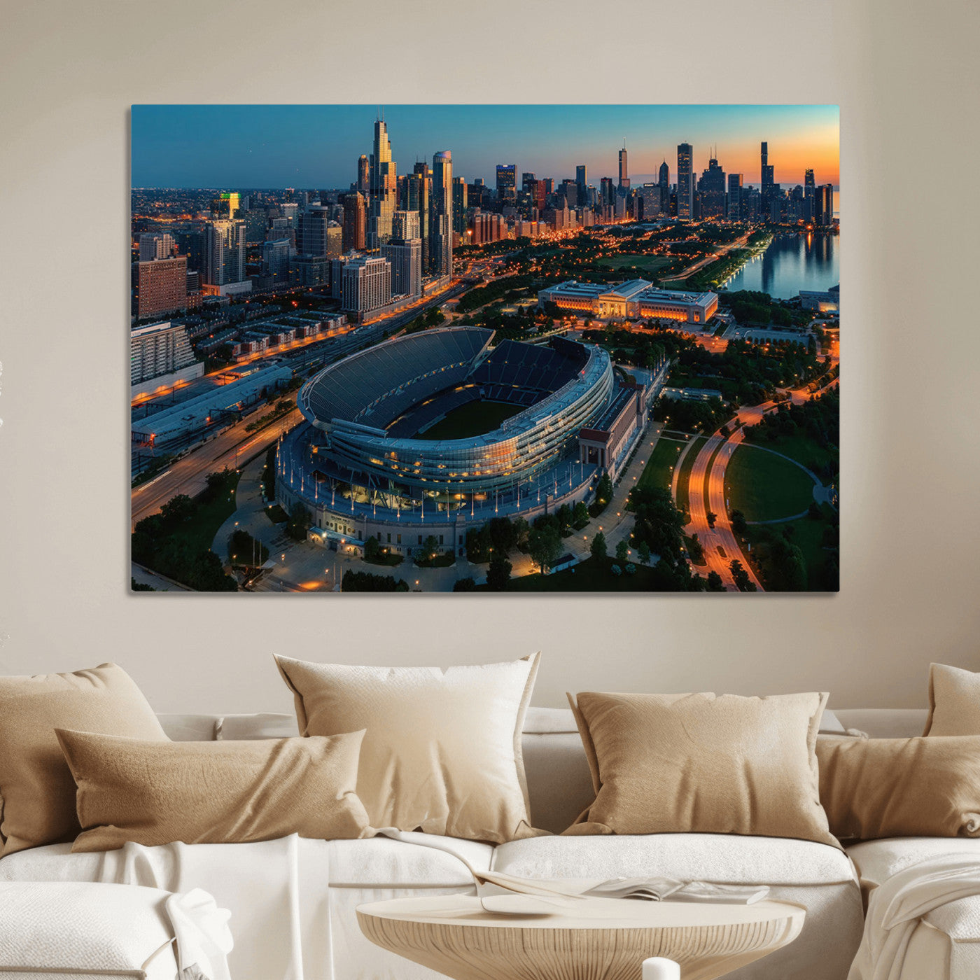 36690345-MGV-CV-36X24-Chicago Bears Soldiers Field Wall Art Canvas Print – Framed Football Stadium Artwork for Sports Fans, Soldier Field Skyline Canvas Decor for Game Room or Man Cave