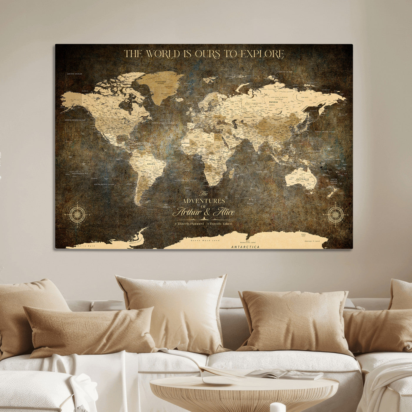 76675404-MGV-CV-36X24-Framed Push Pin World Travel Map – Canvas Wall Art for Tracking Adventures, Decorative Vintage Style Map with Pins for Home or Office - H1