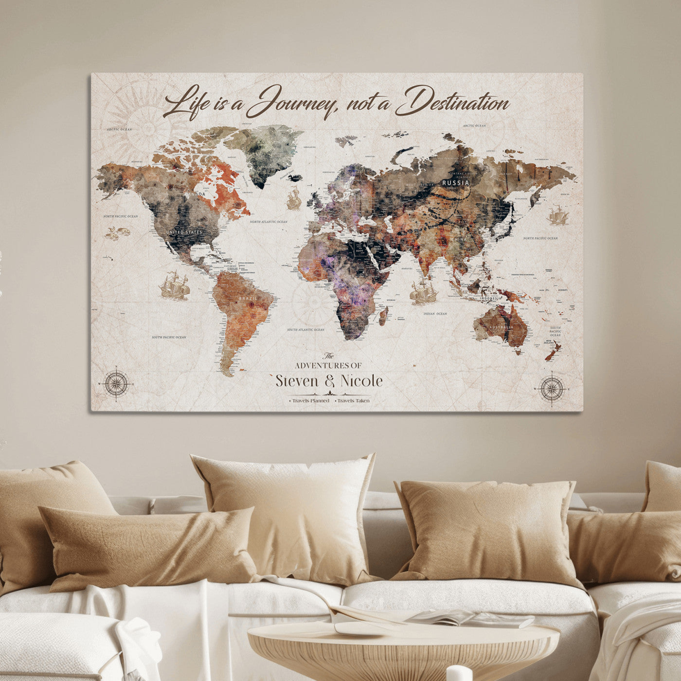 96000140-MGV-CV-36X24-Custom Push Pin World Map Wall Canvas Print – Personalized Travel Tracker with Pins – Framed Large Multi-Size Canvas for Home Office Decor