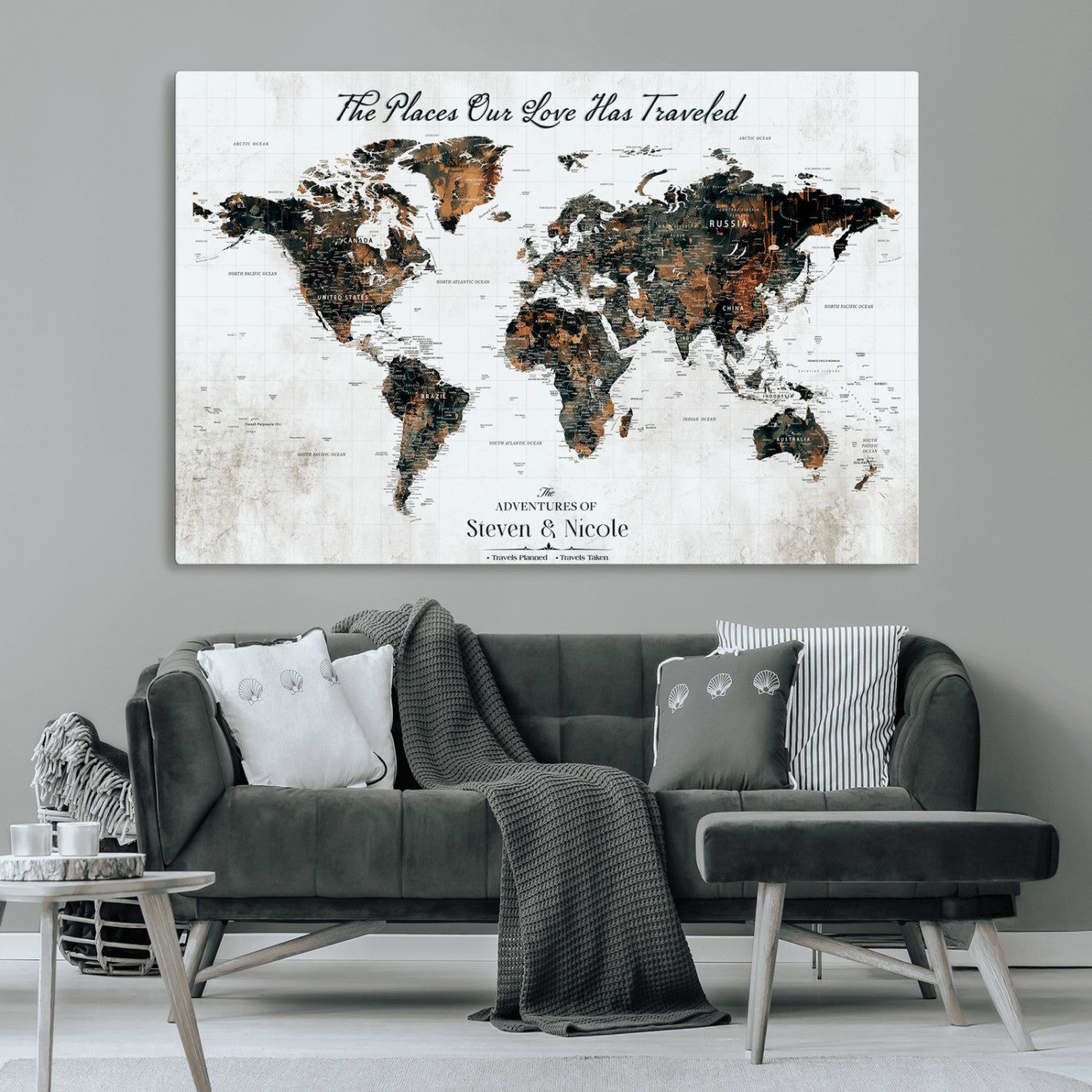 89231588-MGV-CV-36X24-World Travel Map with Pins – Framed Canvas Print to Track Adventures and Create a Visual Travel Journal, Ideal Wall Art for Home - H17