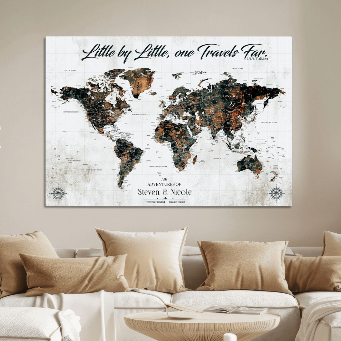 89231588-MGV-CV-36X24-Custom Push Pin World Map Wall Canvas Print – Personalized Travel Tracker with Pins – Framed Large Multi-Size Canvas for Home Office Decor