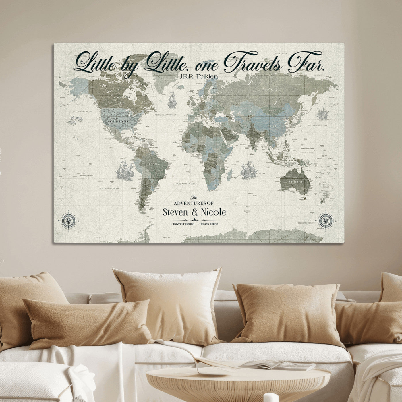 72081300-MGV-CV-36X24-Custom Push Pin World Map Wall Canvas Print – Personalized Travel Tracker with Pins – Framed Large Multi-Size Canvas for Home Office Decor