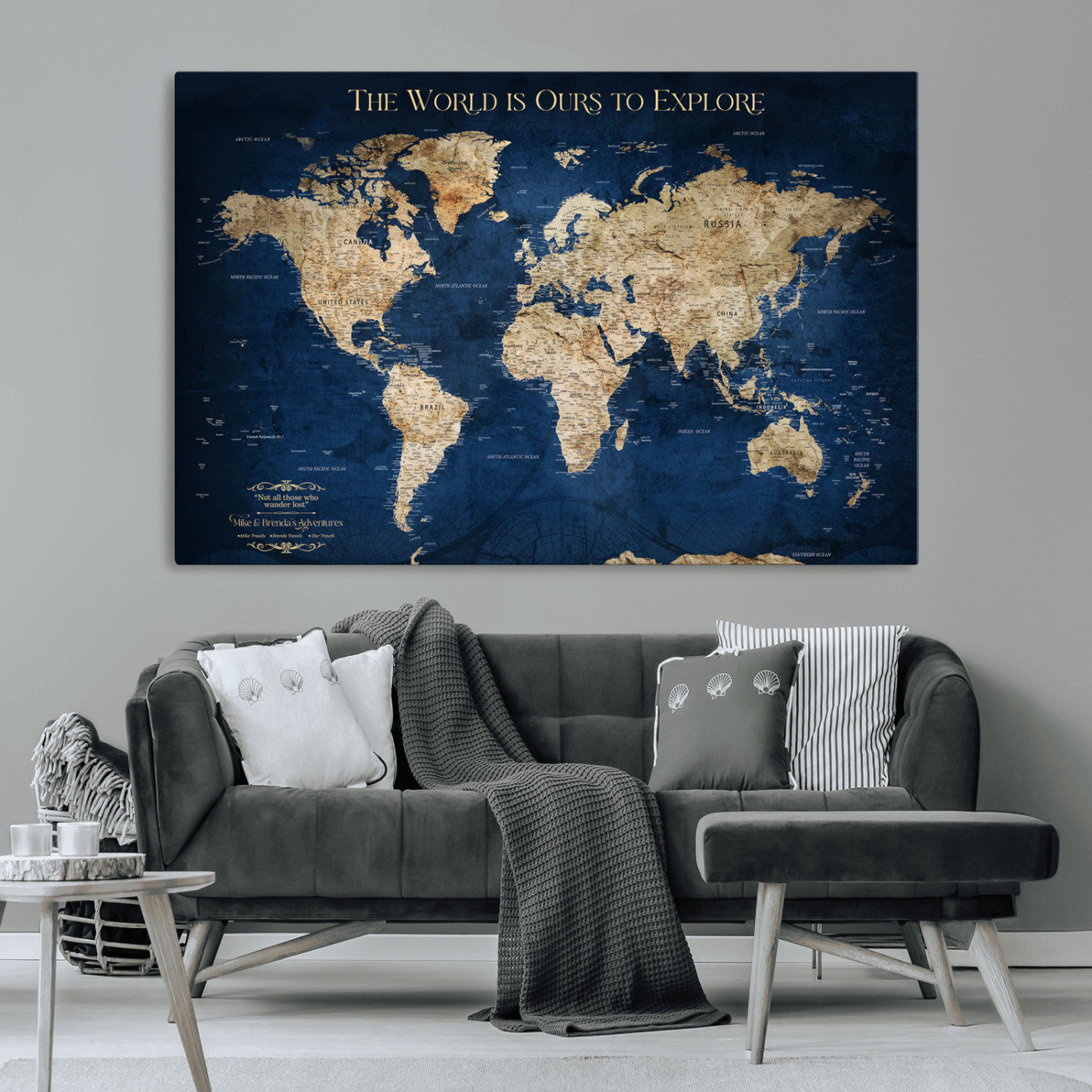 10181149-MGV-CV-36X24-Custom Push Pin World Map Wall Canvas Print – Personalized Travel Tracker with Pins – Framed Large