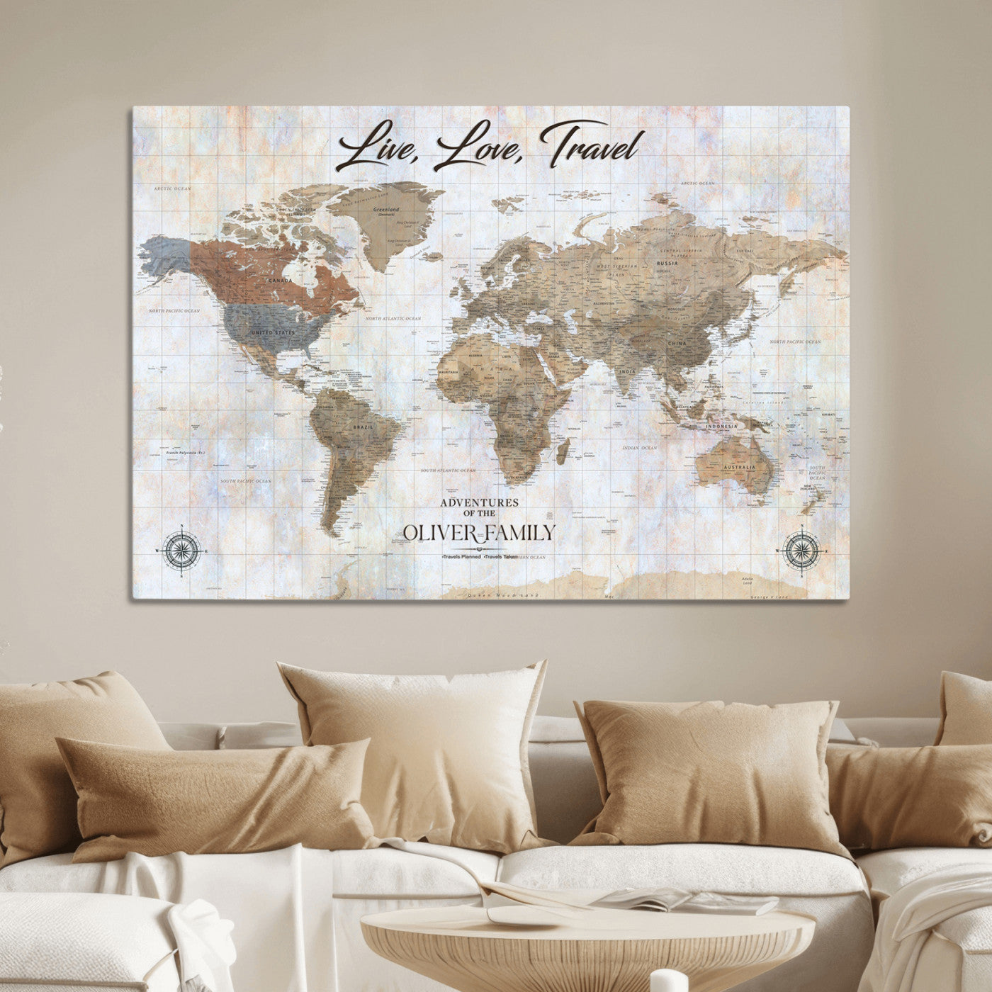 76256172-MGV-CV-36X24-Custom Push Pin World Map Wall Canvas Print – Personalized Travel Tracker with Pins – Framed Large Multi-Size Canvas for Home Office Decor