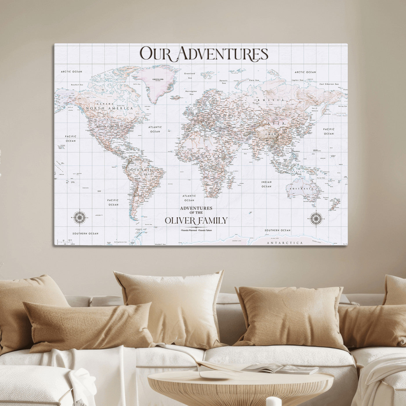 40041157-MGV-CV-36X24-Custom Push Pin World Map Wall Canvas Print – Personalized Travel Tracker with Pins – Framed Large Multi-Size Canvas for Home Office Decor