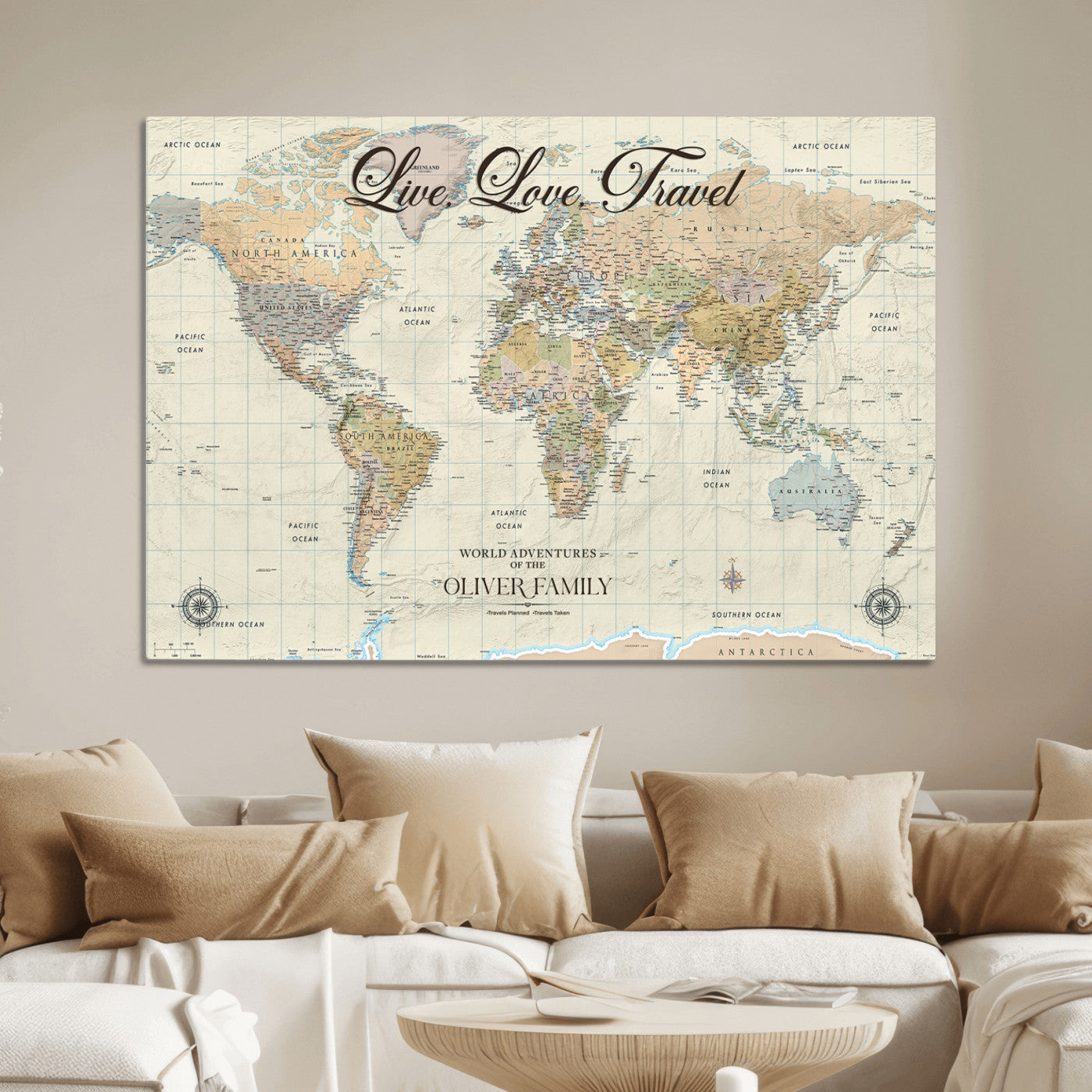 49563244-MGV-CV-36X24-Custom Push Pin World Map Wall Canvas Print – Personalized Travel Tracker with Pins – Framed Large Multi-Size Canvas for Home Office Decor