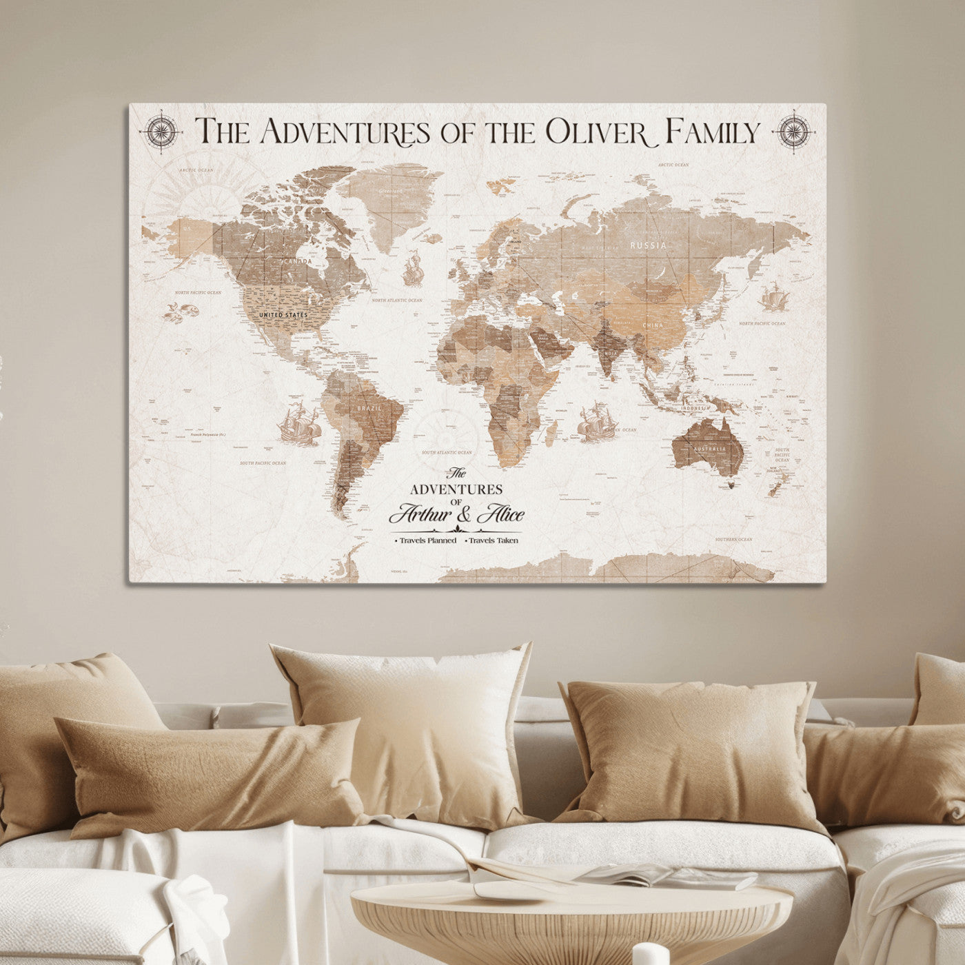 58395047-MGV-CV-36X24-Custom Push Pin World Map Wall Canvas Print – Personalized Travel Tracker with Pins – Framed Large Multi-Size Canvas for Home Office Decor