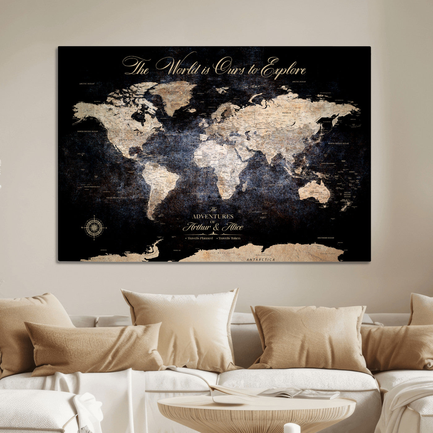 21010471-MGV-CV-36X24-Customize Push Pin World Map Wall Canvas Print, Personalized Travel Tracker with Pins, Framed Large Canvas for Home Office Decor - H37