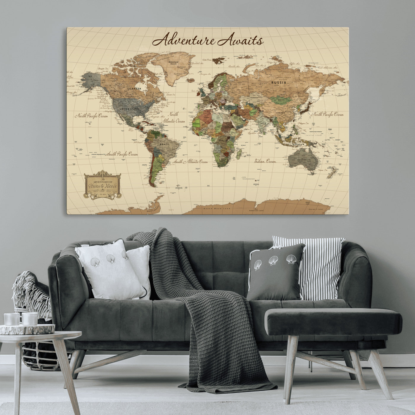 31875069-MGV-CV-36X24-Custom Push Pin World Map Wall Canvas Print – Personalized Travel Tracker with Pins – Framed Custom Quotie Canvas for Home Office Decoration