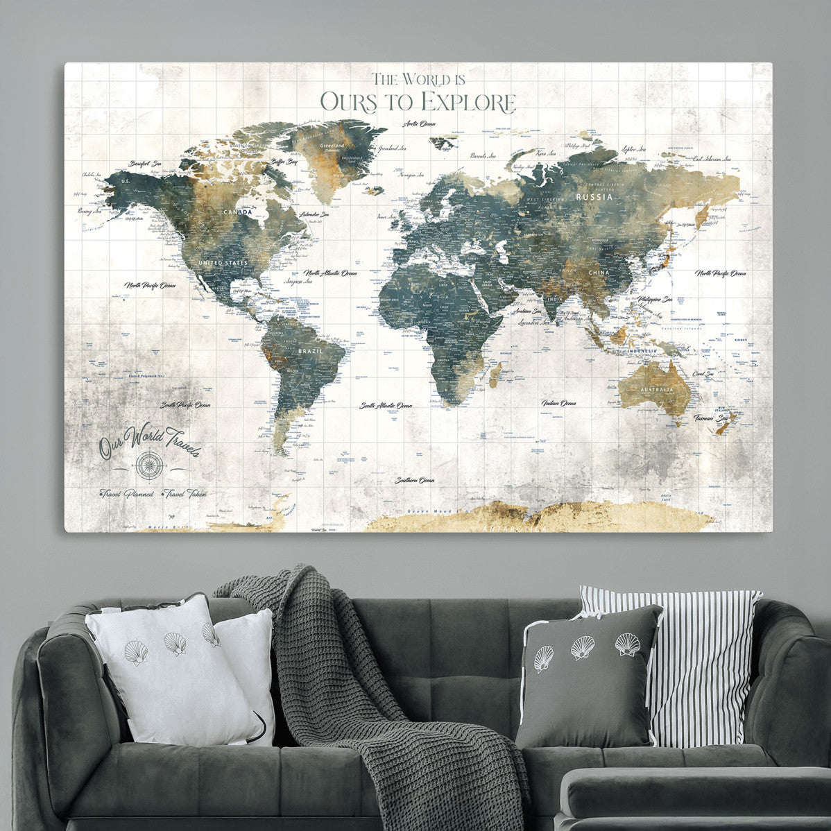 14988581-MGV-CV-36X24 - Custom Push Pin World Map Wall Canvas Print – Personalized Travel Tracker with Pins – Framed Custom Quotie Canvas for Home Office Decor