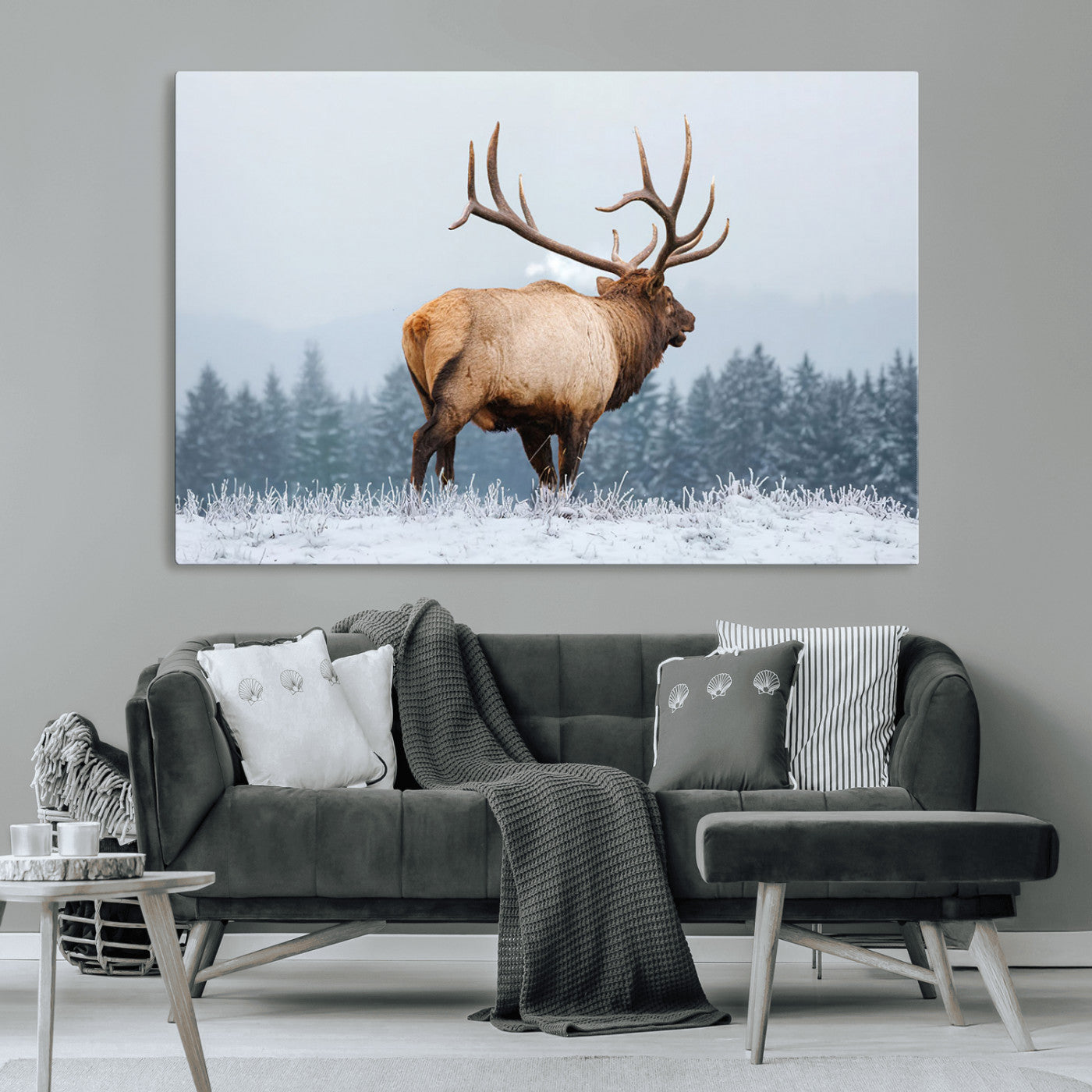 A majestic elk standing in a snowy landscape, with large antlers, set against a backdrop of evergreen trees and a soft winter sky.