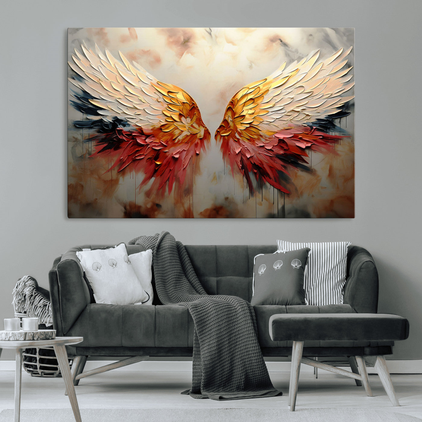 A stunning 3D-style painting of angel wings with vibrant gold, red, and black hues, creating a dramatic and striking visual effect.