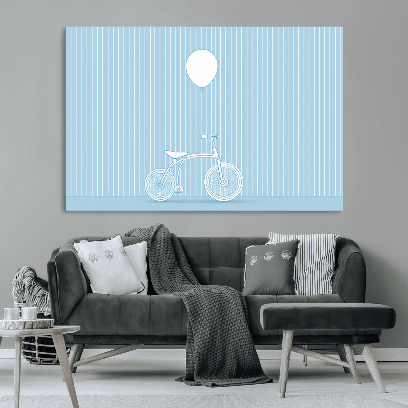 A minimalistic blue line drawing of a bicycle with a balloon floating above it, set against a soft striped background.