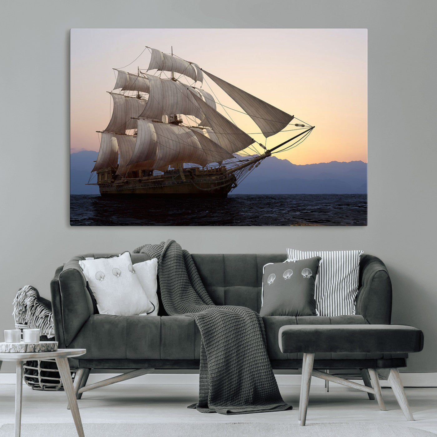 A majestic sailing ship with full sails, gliding through the ocean at sunset, with the soft glow of the sky casting a serene backdrop.