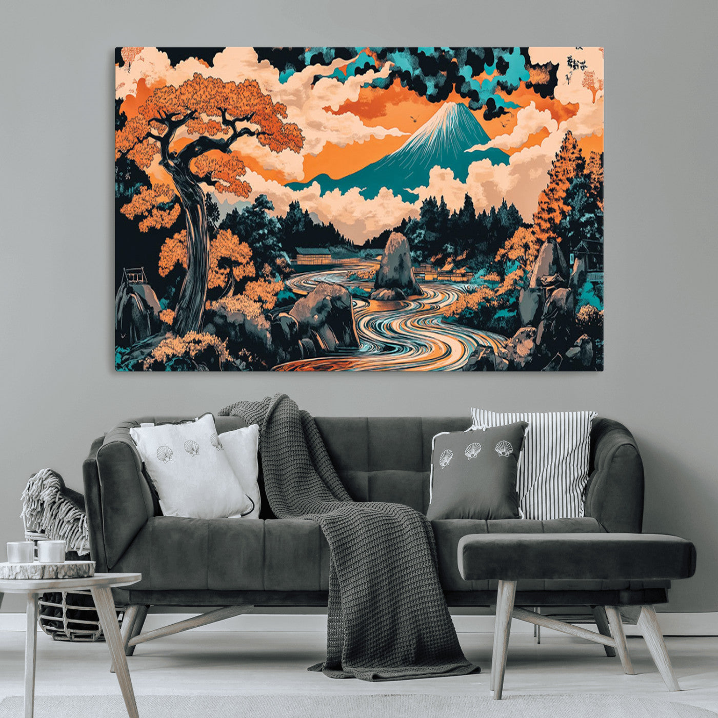 A vibrant Japanese-inspired landscape featuring Mount Fuji, a winding river, and autumn-colored trees under a dramatic sky, in bold and vivid hues.