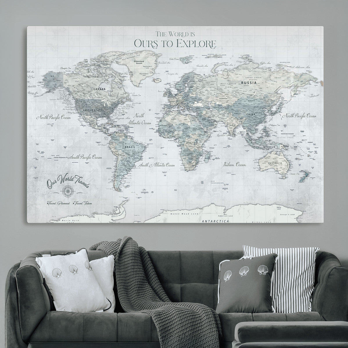 73654056-MGV-CV-36X24 - Personalized Push Pin World Map Canvas Print – Custom Framed Travel Tracker Artwork for Couples or Home Decor