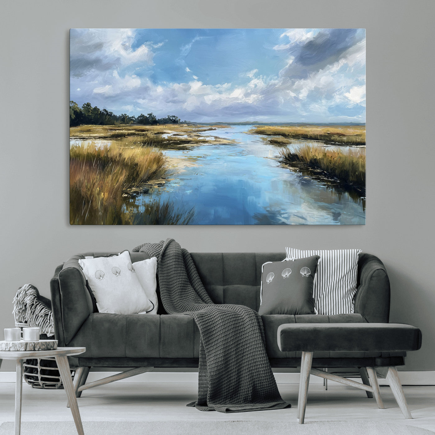A beautiful, painterly landscape of a calm river winding through a marsh, with vibrant green grasses and a bright blue sky filled with fluffy clouds.