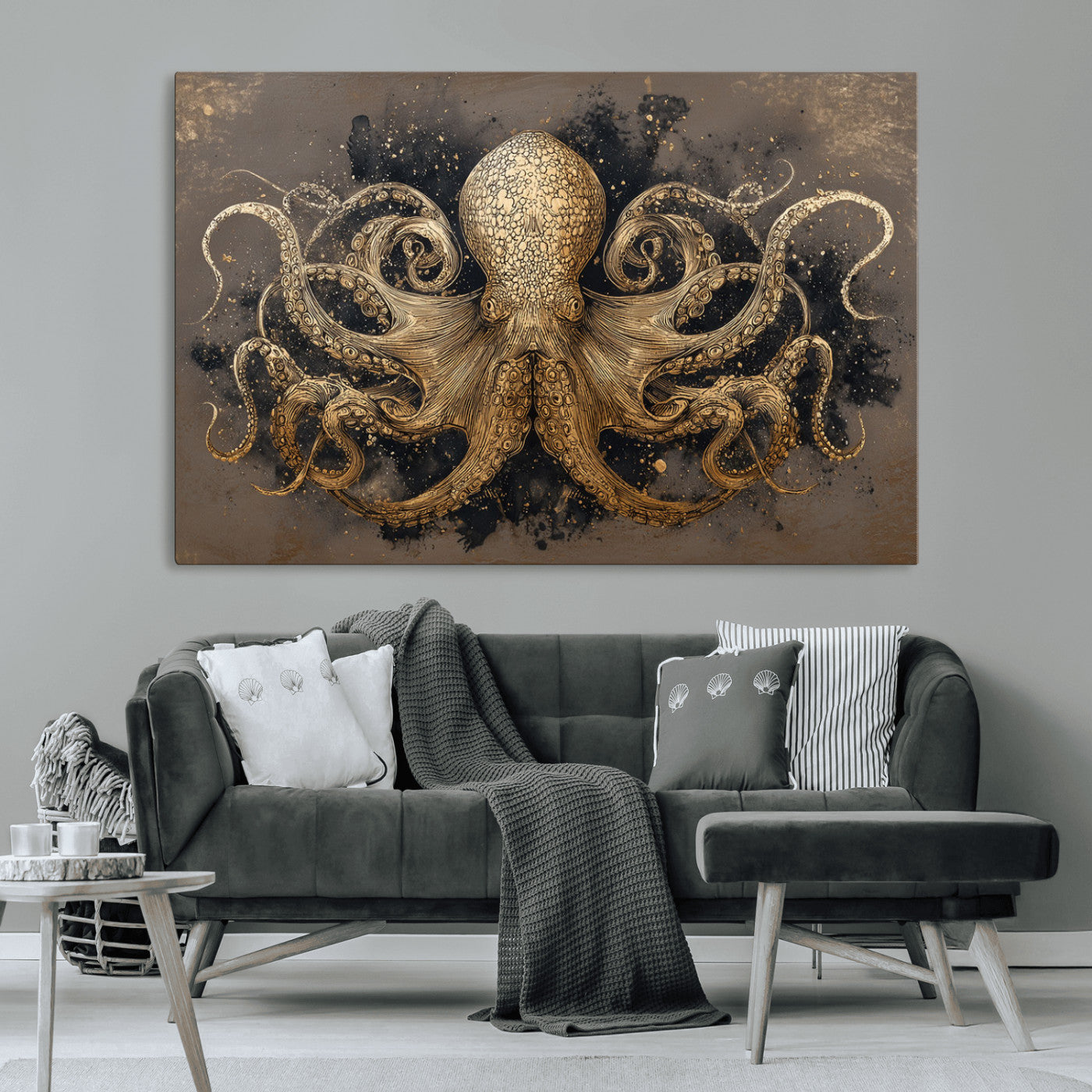 A beautifully detailed illustration of an octopus in gold ink on a textured dark background, with swirling tentacles and intricate patterns.