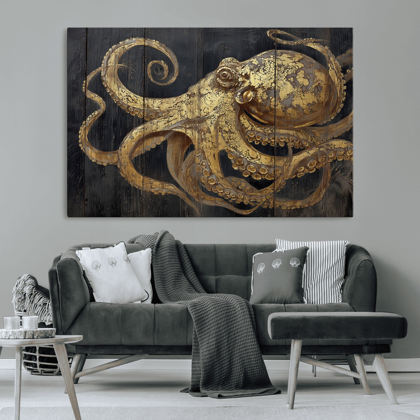 A detailed gold illustration of an octopus on black wooden planks, showing its intricate tentacles and textured skin in an artistic style.