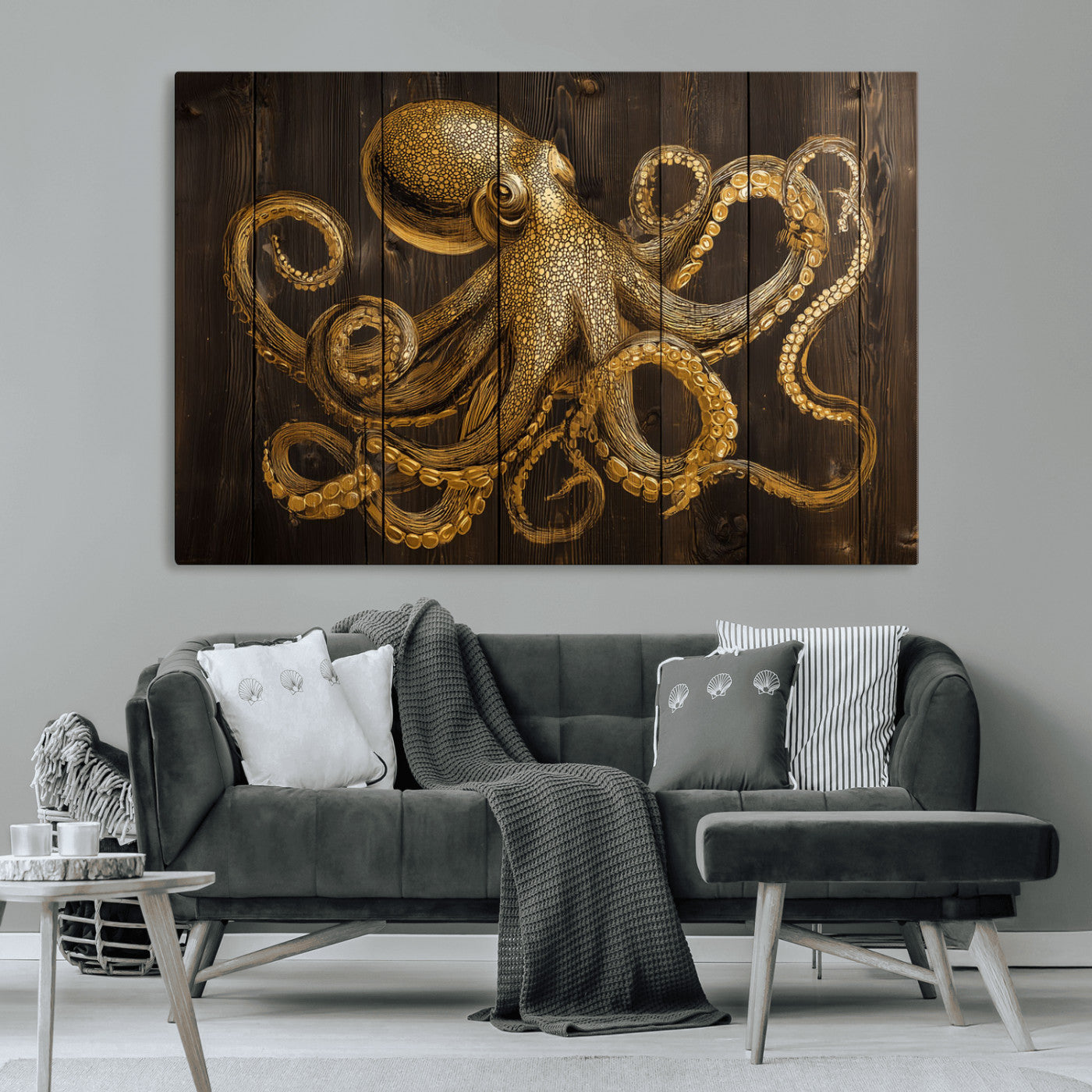 An artistic rendering of an octopus in gold ink on wooden planks, showcasing intricate details of its tentacles and textured skin.